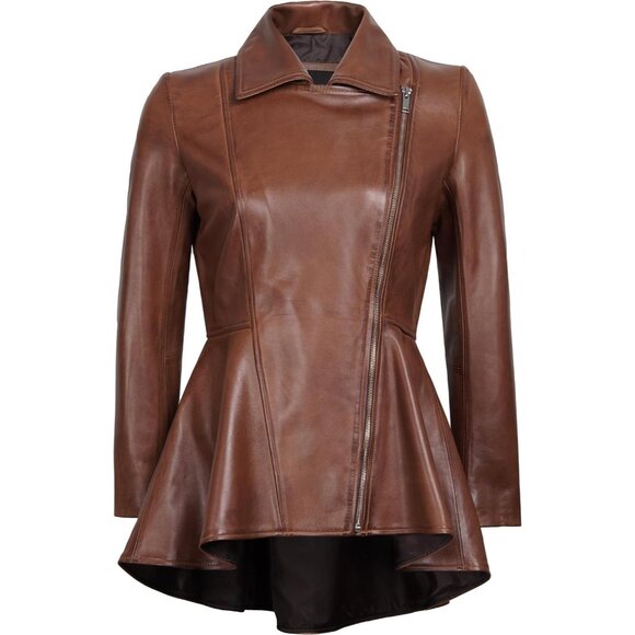 Women's Real Lambskin Peplum Long Sleeves Leather Jacket Outerwear Cognac Brown - Picture 3 of 5